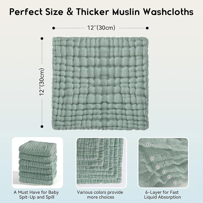 Unnivoll Muslin Baby Washcloths 6 Pack, 100% Cotton Wash Cloths for Babies, Large 12''X12'' Burp Cloths Absorbent and Soft for Newborn Infants Kids Boys Girls - Dark Green