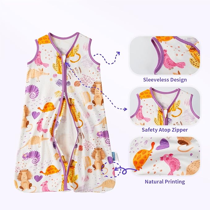 TILLYOU 2 Pack Baby Sleep Sack 6-12 Months 100% Cotton Wearable Blanket 0.5 TOG Sleeveless Summer Sleep Sacks with 2-Way Zipper, Animal Graffiti & Purple