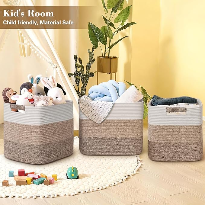 15×13 Inch Storage Cubes, 3 Pack Cube Storage Bins for Organizing, Cotton Rope Woven Baskets for Shelves, Bathroom, Kids Room, Closets, Baby Nursery