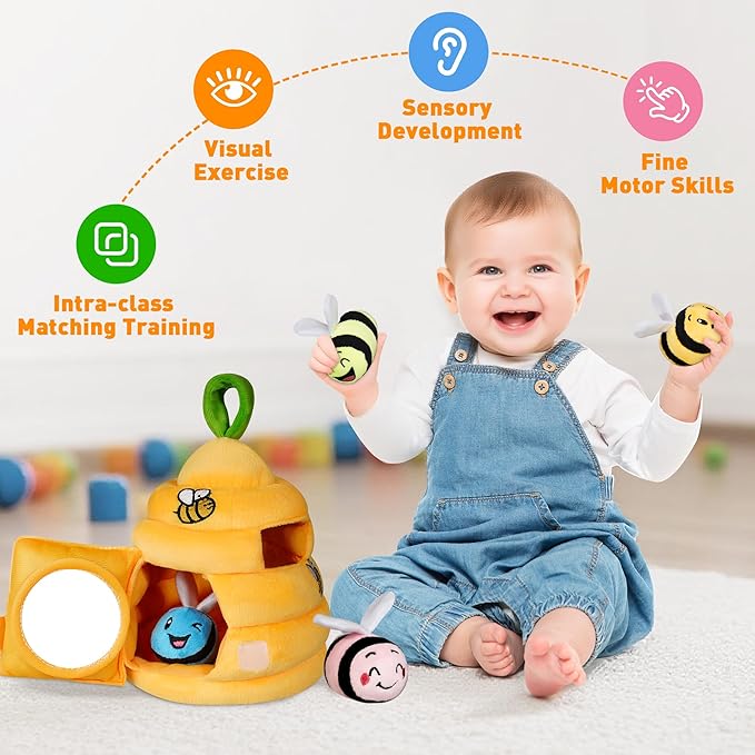 Baby Toys 6-12 Months, Plush Beehive with 4 Sensory Bees, Map Pad, Rattle, Crinkle Paper, Squeaker, Mirror, Montessori Toy for 6 7 8 9 10 11 12 Month Old, Infant Toys Baby Valentines Day Gifts
