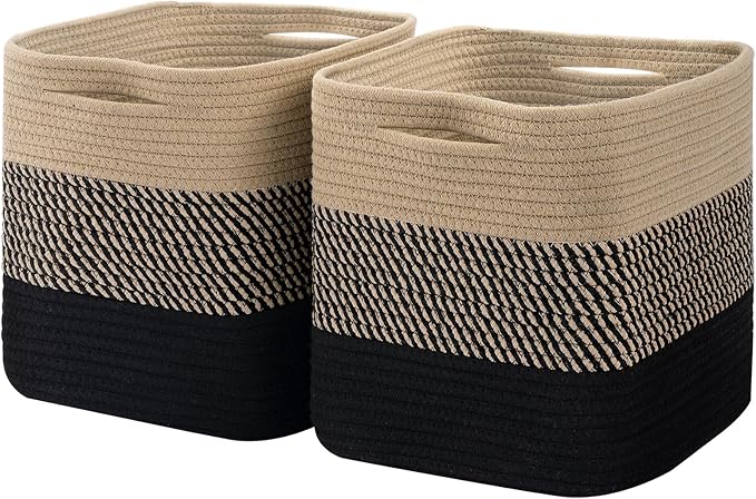 Cube Storage Bin 11" x 10.5" x 10.5" Cotton Rope Basket Square Woven Storage Basket for Shelves, Closet Organizer, Soft Towel Sock Basket, Gradient/Black Brown, 2 Pack