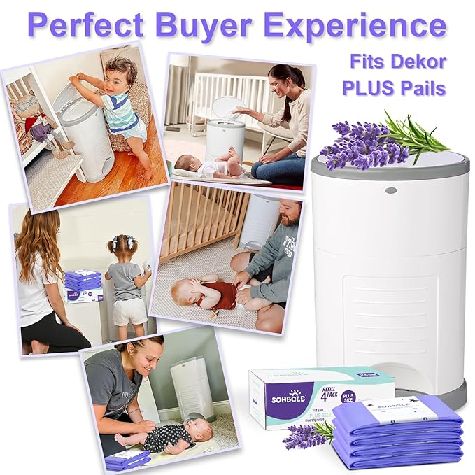 Diaper Pail Refill Bags Compatible with Dekor Plus Diaper Pail Refills 4 Pack Extra 14% Length,Holds up to 3248 Diapers,Extra 30% Thickness Powerful Odor Eliminate Lavender Scent for Baby/Adult