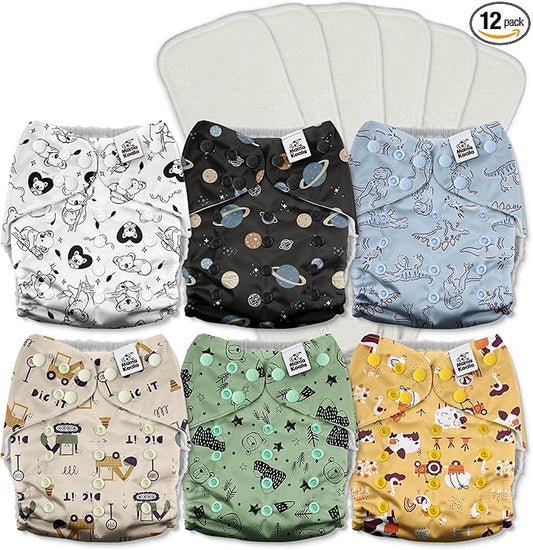 Mama Koala 3.0 Cloth Diapers for Babies with AWJ Lining, 6 Pack with 6 5-Layer Natural Cloth Diaper Inserts - Reusable and Washable Pocket Diapers(A-Dinosaurs and Farm)