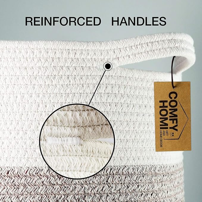 COMFY-HOMI XXL Large Laundry Basket with Handles Blanket Baskets Living Room|Woven Cotton Rope Decorative Basket Laundry Hamper Baby Basket Nursery Dog Toy Storage Organizer Bin-16”x18”-White Brown