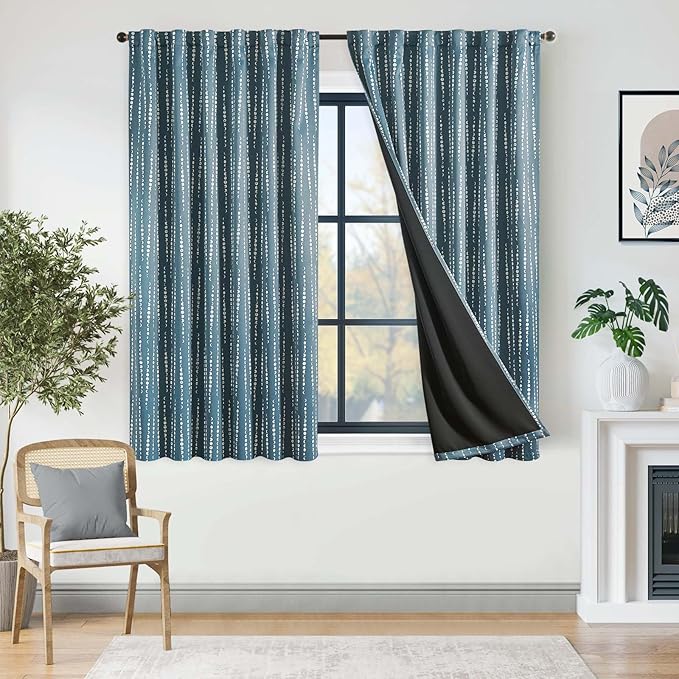 jinchan 95% Blackout Boho Curtains, Moon Phases Printed 63 Inches Long Blue Drapes for Bedroom Living Room Nursery Farmhouse, Rod Pocket Back Tab Thermal Insulated Window Treatment Set 2 Panels
