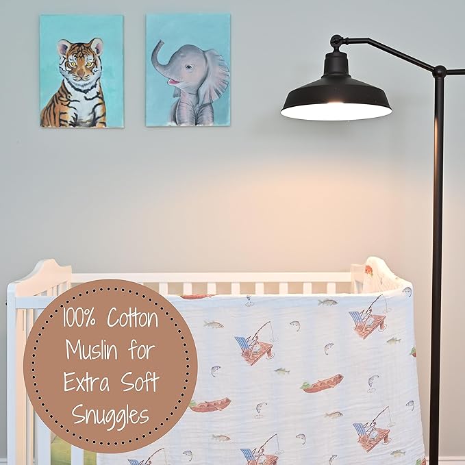 LollyBanks Muslin Swaddle Blankets 2PACK, 100% Cotton Baby Blanket 47 x 47 Inches, Large Baby Swaddle Breathable, Muslin Blankets for Boys and Girls (Mallard Duck and Fishing Print)