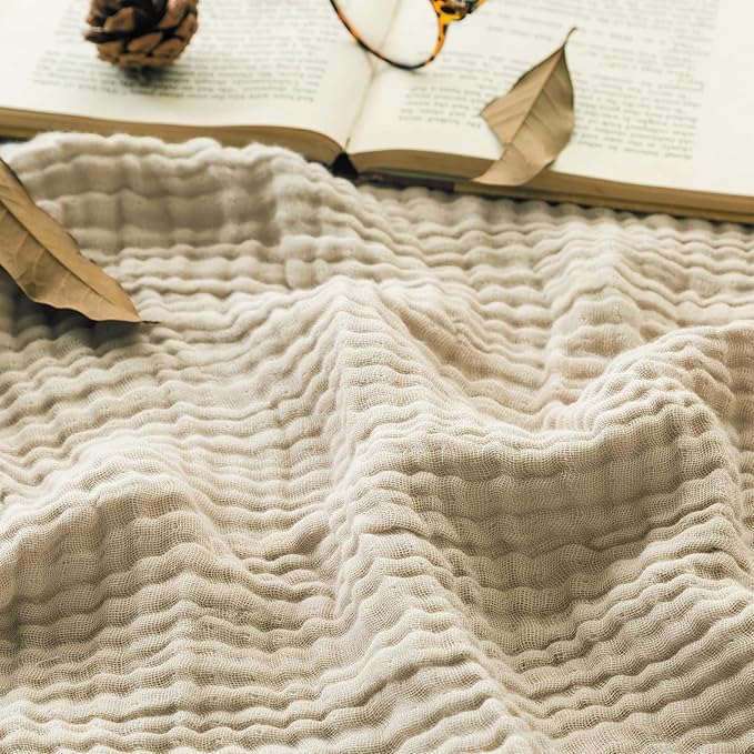 EMME Cotton Throw Blanket Large 50"x70" Gifts for Women 100% Muslin for Couch Breathable Gauze All Season Light Tan Soft and Lightweight Pre-Washed