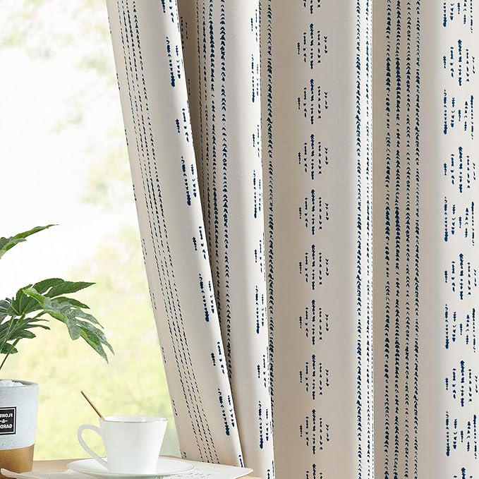 jinchan 95% Blackout Boho Curtains 96 Inch Length for Bedroom Living Room Blue on Beige Geometric Printed Grommet Top Room Darkening Thermal Insulated Window Drapes 2 Panels