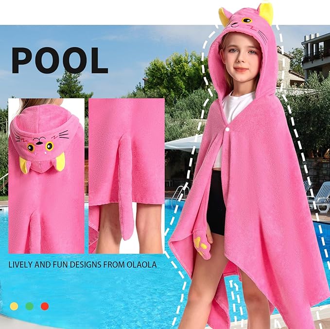 OLAOLA Cat Hooded Towel for Kids 3-12 Years, 28" x 53" Soft Thick Absorbent Beach Towels, Toddler Bath Towel Wrap, Swim Pool Towels Poncho for Boys Girls
