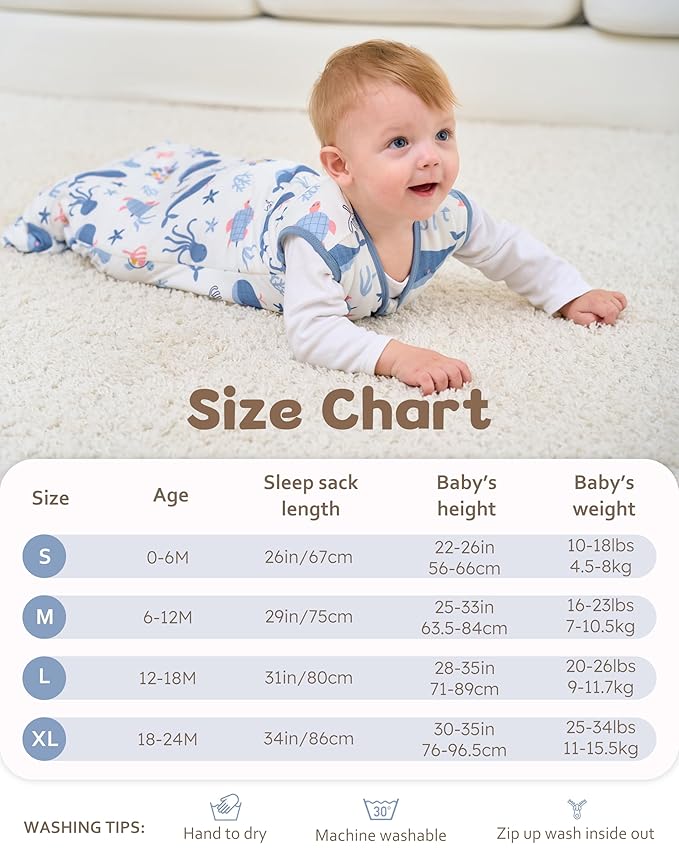 FIEMOL Rayon Made from Bamboo Baby Sleep Sack 18-24 Months, 1.0 Tog Baby Wearable Blanket, Soft Sleeping Bag for Infant Toddler Babies with 2-Way Zipper 2 Pack (X-Large) Blue Whale