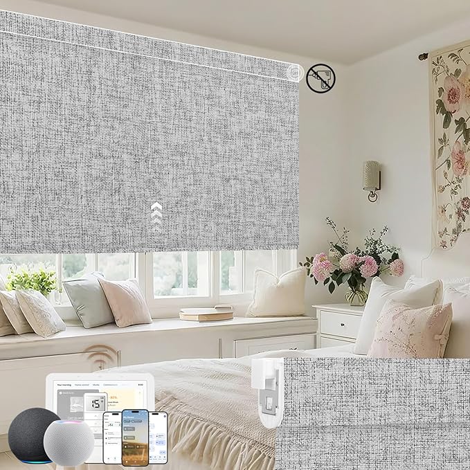 Kincmo No Drill Motorized Blinds with Remote, 100% Blackout Roller Shades for Windows, Custom Electric Blinds Compatible with Alexa, Apple Homekit, Google Home (100% Blackout Mist Twilight)