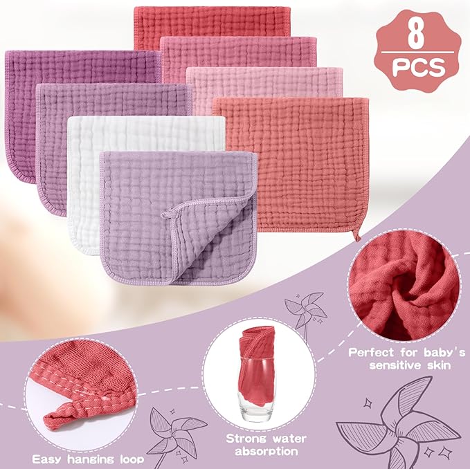 Remagr 8 Packs Muslin Burp Cloths Large 20" x 10", 6 Layers Unisex Baby Absorbent 100% Cotton Burp Rags Colorful Muslin Washcloths for Baby Plain Soft Cotton Cloth for Babies Girls Boys(Vivid Colors)