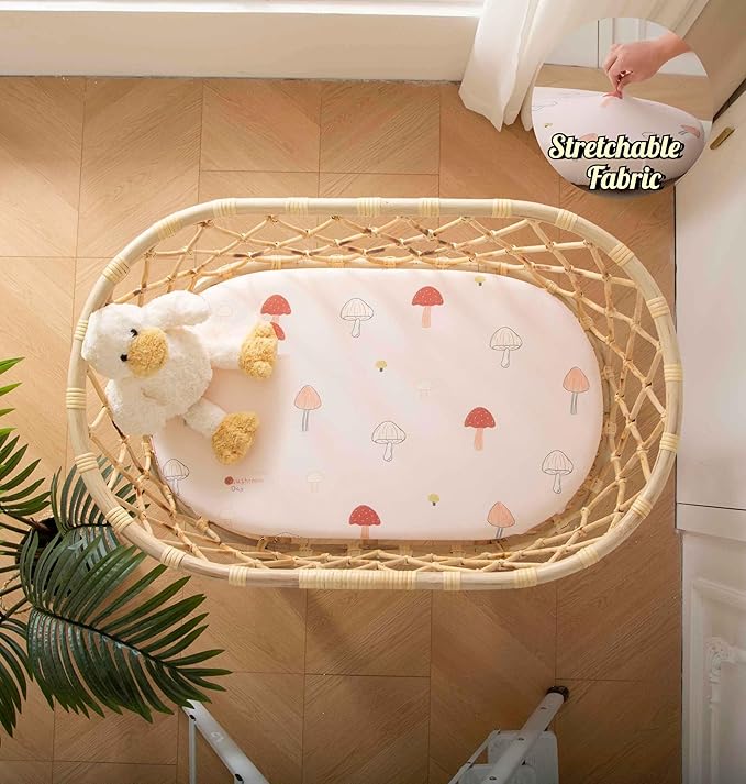 SDY Jersey Mushroom Bassinet Sheets for Baby Girls,32 "x 16 "x 4",2 Pack,Pink Cute Kawaii Standard Oval/Retangle Bassinet Mattress Sheets for Toddler,Super Soft Breathable