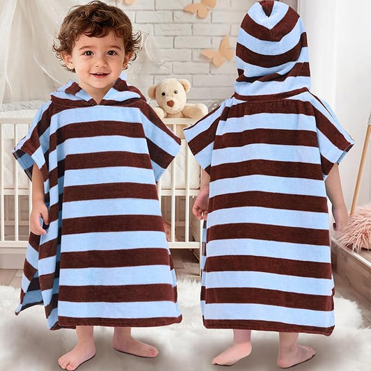 Toddler Bath Towels with Hood, Oversized (2-4Years,22"X22") Made from 100% Soft Cotton,Absorbent Hooded Poncho Towel for Baby Boy,Perfect for Pool | Swimming | Bath | Beach,Brown Blue Stripe