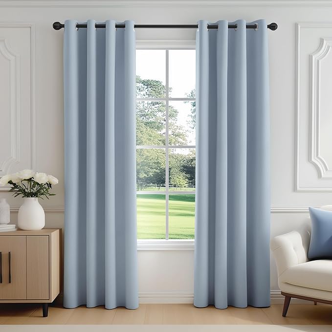 FMFUNCTEX 100% Blackout Curtains for Bedroom, Smoky Blue Curtains 96 Inches Long Textured Thermal Insulated Curtains for Living Room Drapes, Black Out Drapery Grommet Room Darkening 2 Panels