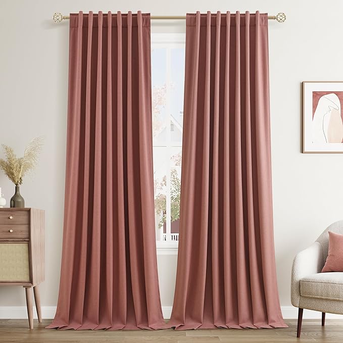 Guken 100% Blackout Curtains 102 Inch Length 2 Panels Set for Girls Bedroom Back Tab Thermal Insulated Black Out Linen Drapes Room Darkening Window Curtains 102 Inches Long,Dusty Rose