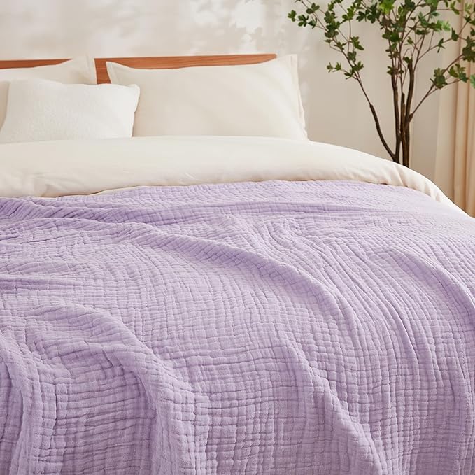 EMME Cotton Muslin King Blanket Big Oversized Bed Layering Bedspread Coverlet Breathable Gauze Soft Lightweight Blankets (Lavender, 120"x94")
