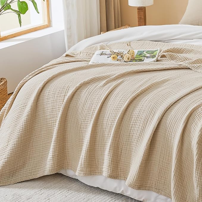 EMME Cotton Muslin Twin Blanket Breathable Gauze Soft Lightweight Blankets Adults Gifts for Women (Beige, 60"x80")