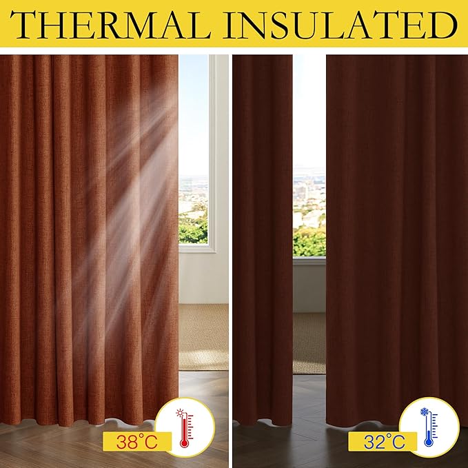 NICETOWN 100% Blackout Farmhouse Curtains 95" Length with Thermal Insulated Liners, Privacy Window Treatments Fall Home Decoration, Drapes for Cottage Living Room (2 Panels, 52" W, Burnt Orange)