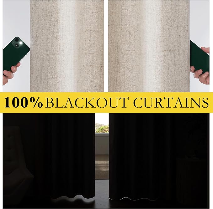 NICETOWN Natural Linen Blackout Curtain 52 x 80 inch Panels: Full Bedroom Blackout, Thick Insulated Classic Rod Pocket Back Tab Draperies with Thermal Insulated Liner for Windows(Set of 2)