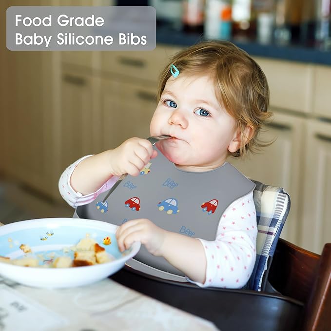 BEBE FAVOUR 2 Pack Silicone Baby Bibs Adjustable Fit Waterproof Bib With Leak Proof Food Pouch Catcher for Eating Boys Girls