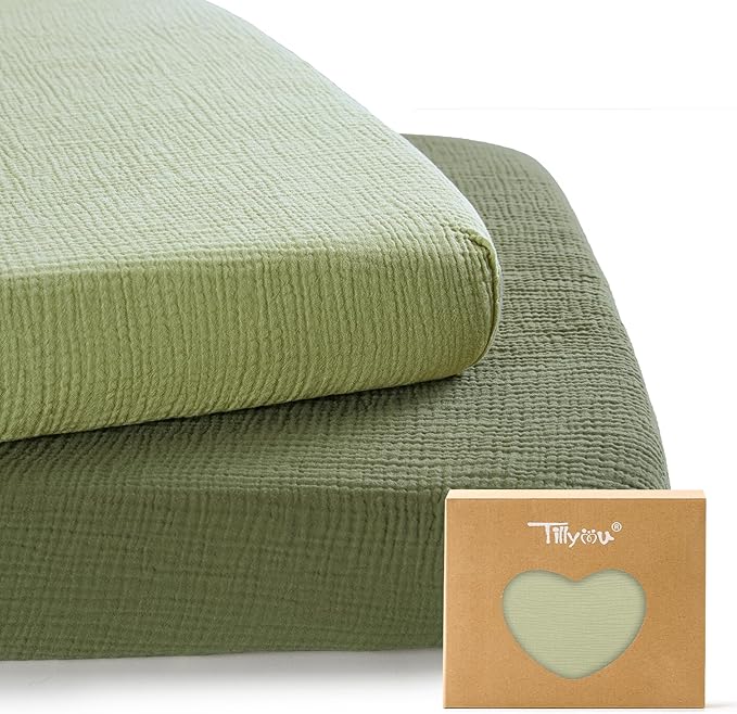 TILLYOU Muslin Mini Crib Sheets 2 Pack, Pack and Play Mattress Sheets Fitted for Pack N Play, 38 x 26 Sheet for Toddler, Forest Green and Light Green