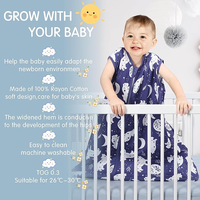 BSTOPPT 3 Pack Baby Sleep Sack 100% Rayon Cotton Baby Sleeping Bag 2-Way Zipper Toddler Wearable Blankets TOG 0.3. (Fox&Dinosaurs&Dark gray, 0-6 Months)