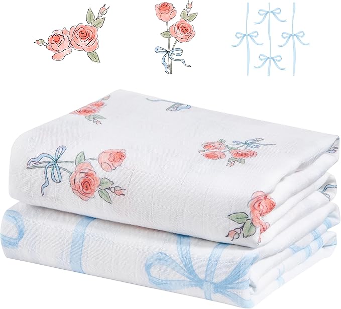 2-Pack 100% Cotton Muslin Swaddle Blankets, Large 47 x 47 Inches — Breathable Soft Receiving Blankets for Newborns, Swaddling Wraps, Baby Essentials, Registry Gift (Rose & Bow Duo)