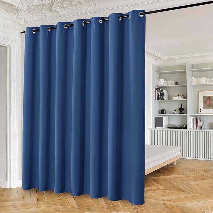 Beauoop 100% Blackout Curtains 96 Inches Long for Patio Sliding Door Blue Solid Extra Wide Room Darkening Thermal Insulated Room Divider Soundproof Grommet Window Treatment Drapes,100x96 Set of 1
