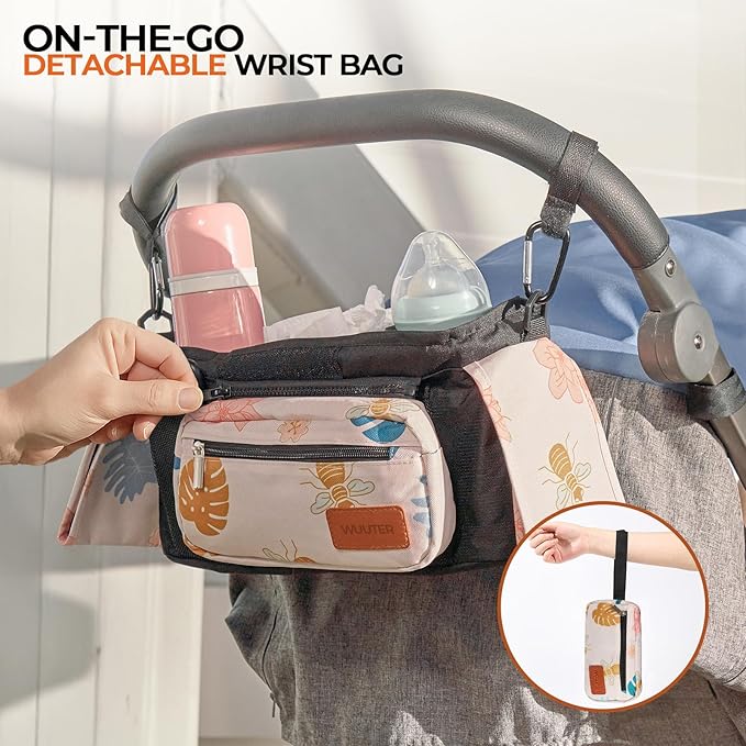 Stroller Organizer with Cup Holder Detachable Wristlet Large Capacity Baby Stroller Bag for Mom, Fits Uppababy, Baby Jogger, Britax, BOB, More (Garden)
