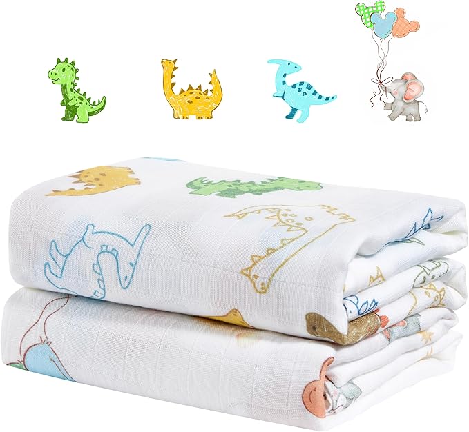 2-Pack 100% Cotton Muslin Swaddle Blankets, Large 47 x 47 Inches — Breathable Soft Receiving Blankets for Newborns, Swaddling Wraps, Baby Essentials, Registry Gift (Elephant & Dino Duo)