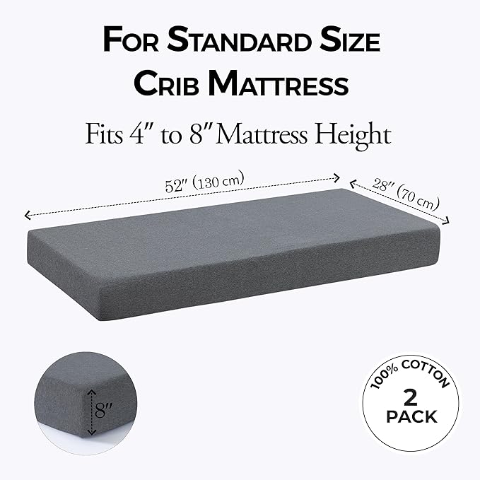 Dreamology Crib Size Sheets, 100% Cotton Crib Sheets Fitted for Boys, Girls, Soft, 2 Pack, Crib Sheets Neutral and Toddler Bed Sheets, 52x28 Crib Mattress Sheet | Dark Grey and Silver Grey