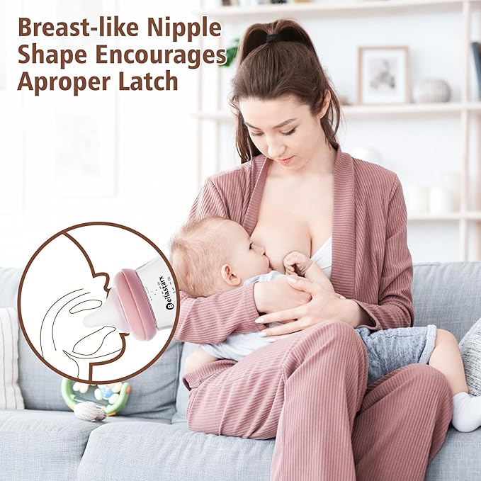 Beilastarx Glass Baby Bottles with Natural Response Nipple Size S - Anti Colic Baby Bottles Wide Neck Slow Flow Baby Bottle (Red, 6oz (Pack of 4))