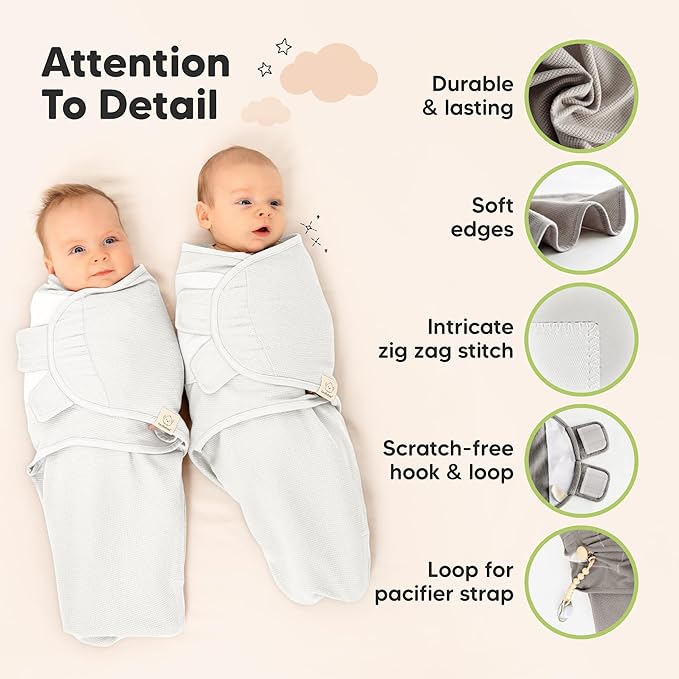 3-Pack Organic Swaddles for Newborns, Baby Sleep Sacks 0-3 Months - Baby Swaddle Wrap, Newborn Wearable Blanket, Infant Sleep Sack for Girls, Boys, Soft & Snug, Large Hook & Loop Closure (Soft White)