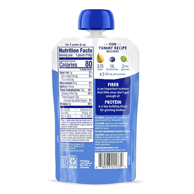 Happy Tot Organics Stage 4 Baby Food Pouches, Gluten Free, Vegan Snack, Fiber & Protein Fruit & Veggie Puree, Pears, Blueberries & Spinach, 4 Ounce (Pack of 16)