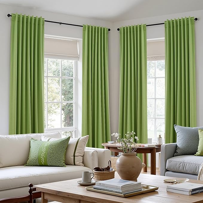 Guken 100% Blackout Curtains 108 Inch Length 2 Panels Set for Living Room Bedroom Back Tab Thermal Insulated Black Out Linen Drapes Room Darkening Lime Green,52x108