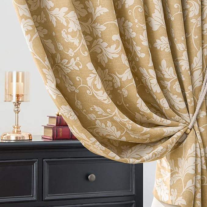 jinchan 75% Blackout Curtains for Bedroom, Brown Scroll Leaf Patterned Curtains 63 inch Length for Living Room, Farmhouse Vintage Drapes, Thermal Insulated Window Treatments, Grommet 2 Panels Brown