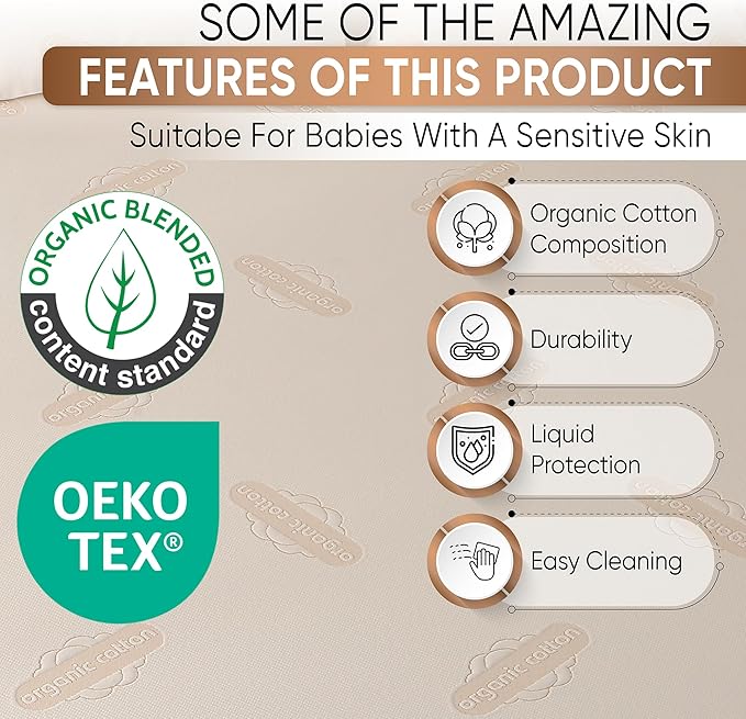 Crib Organic Mattress Protector Pad - Certified Organic Cotton Waterproof Breathable Mattress Pad Cover - 250 GSM Comfort - Deep Pocket - Fitted Comfort