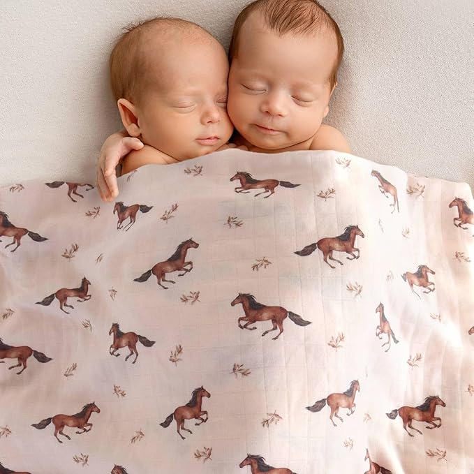 LifeTree Baby Swaddle Blankets, Boys Girls Muslin Swaddling Wrap Receiving Blanket for Newborn, 70% Viscose from Bamboo and 30% Cotton, Large 47" x 47", Horse and Blue Checkered Pattern