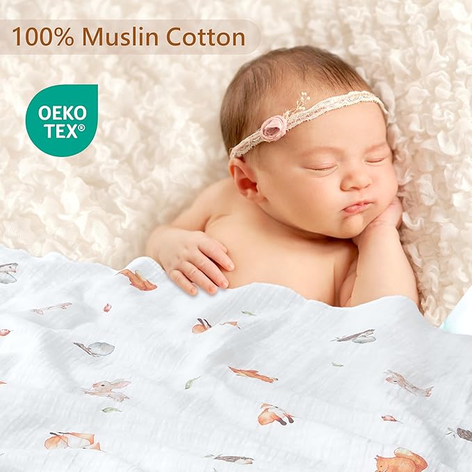 3-Pack 100% Cotton Muslin Swaddle Blankets, Large 47 x 47 Inches — Breathable Soft Receiving Blankets for Newborns, Swaddling Wraps, Registry Gift (Playful Forest Animals)