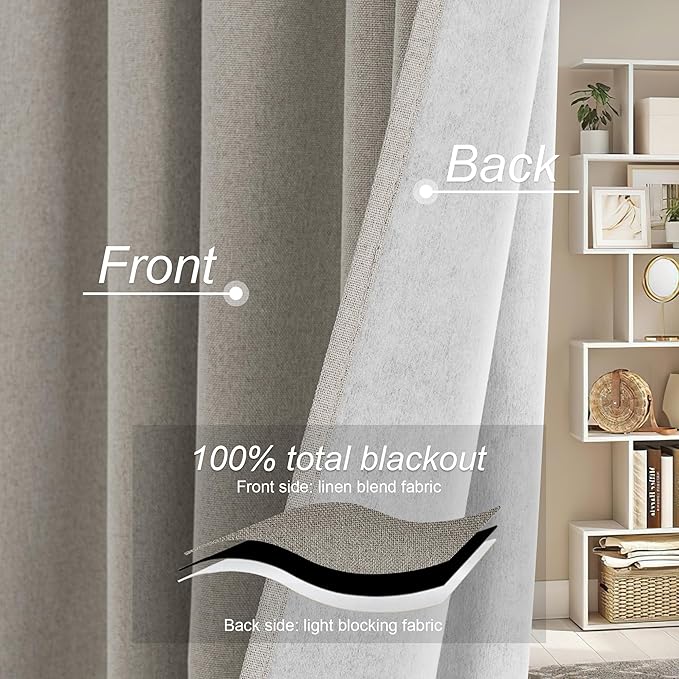RYB HOME 100% Blackout Silver Grey Curtains, Privacy Flax Linen Drapery for Living Room & Bedroom Total Blackout, Rod Pocket & Back Tab Window Treatment, Set of 2, W52 x L84