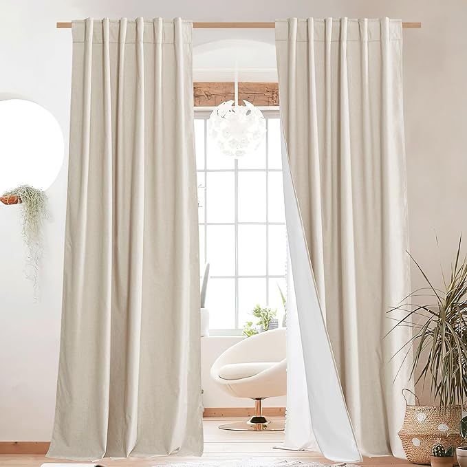NICETOWN 100% Blackout Linen Curtains for Living Room with Thermal Insulated White Liner, 52" Wide, 2 Panels, 84" Long Drapes, Back Tab Retro Beige Linen Curtains Vertical Drapes Privacy for Bedroom