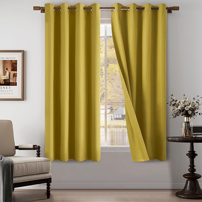 100% Blackout Linen Textured Curtains for Children's Room, Bedroom, Light Weight Curtains with Grommets Top, Full Blackout Curtains Privacy Protection, Gold, 52" W x 63" L, 2 Panels