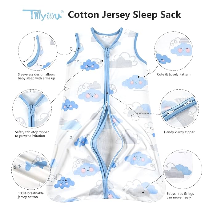 TILLYOU 2 Pack Baby Sleep Sack 18-24 Months 100% Cotton Wearable Blanket 0.5 TOG Sleeveless Summer Sleep Sacks with 2-Way Zipper, Small Cloud & Blue