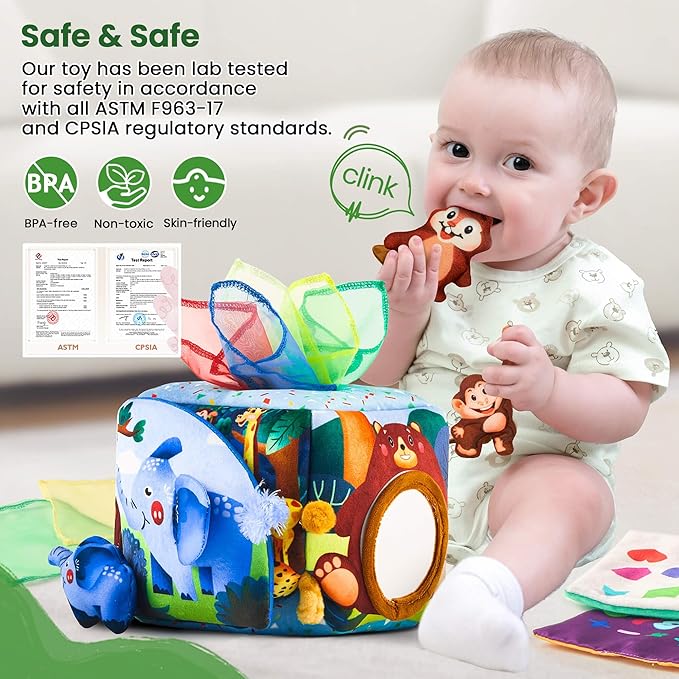 Baby Toys 6-12 Months - Baby Tissue Box Toy for 6 9 12 18 Months Old Montessori Sensory Toys for 1 Year Old Boy Infant Scarf Toy with Crinkle Tissues & Fine Motor One Year Old Boy Birthday Gifts