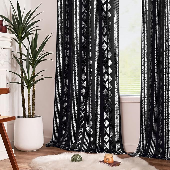 jinchan 95% Blackout Boho Curtains 84 Inches Long for Bedroom Living Room Silver Geometric Foil Printed Black Curtain Grommet Top Room Darkening Drapes Off White 52 x 84 2 Panels