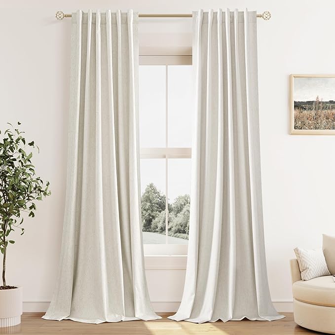 Guken 100% Blackout Cream Linen Curtains 52 Inch Wide by 122 Inch 2 Panels Set for Living Room Bedroom Back Tab Thermal Insulated Black Out Linen Drapes Room Darkening Window Curtains