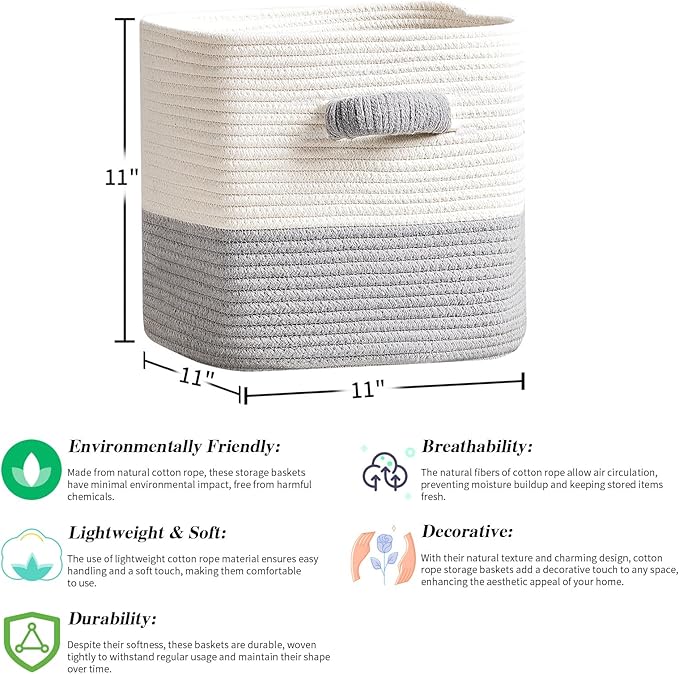 Storage Cube Baskets for Organizing- 3 Pack- 11 inch Square Baskets for Cube Storage, Closet Storage Bins- Woven Cube Storage Bins for Shelves- Ideal for Toy Storage |White & Grey