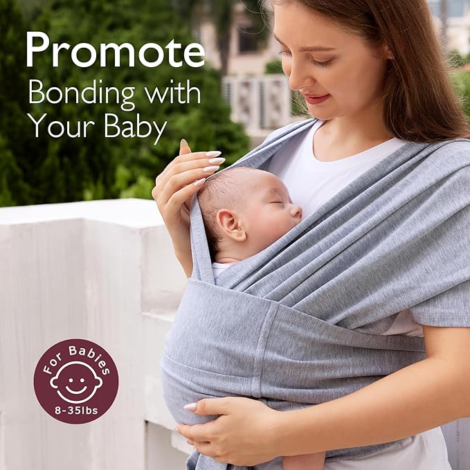 Momcozy Baby Wrap Carrier Skin-Friendly Fabric, Easy to Wear Baby Carrier Sling T-Shirt Design, Hands Free Baby Carriers Newborn to Toddler 8-35lbs, Adjustable Buckle Suit for Waist Waist 47-57, Grey