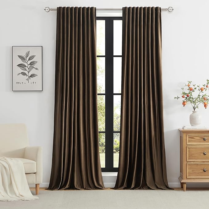 PRIMROSE 100% Full Blackout Brown Velvet Curtains 84 inch Long for Living Room,Set of 2 Liner Rod Pocket Back Tab Thermal Window Curtains Room Darkening Heavy Decorative Curtains Drapes for Bedroom